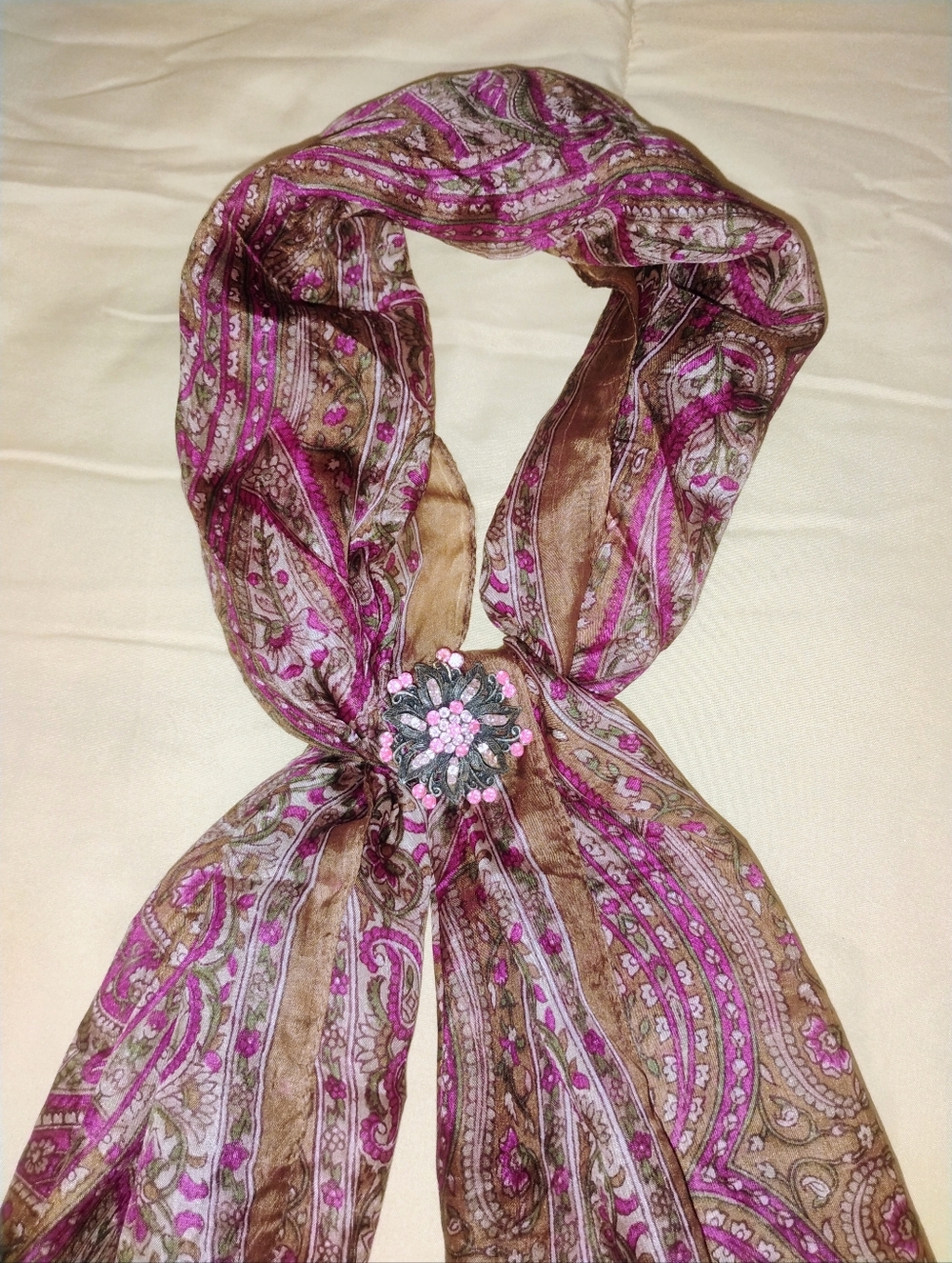 Women's Pink & Brown Paisley Scarf with Floral Brooch